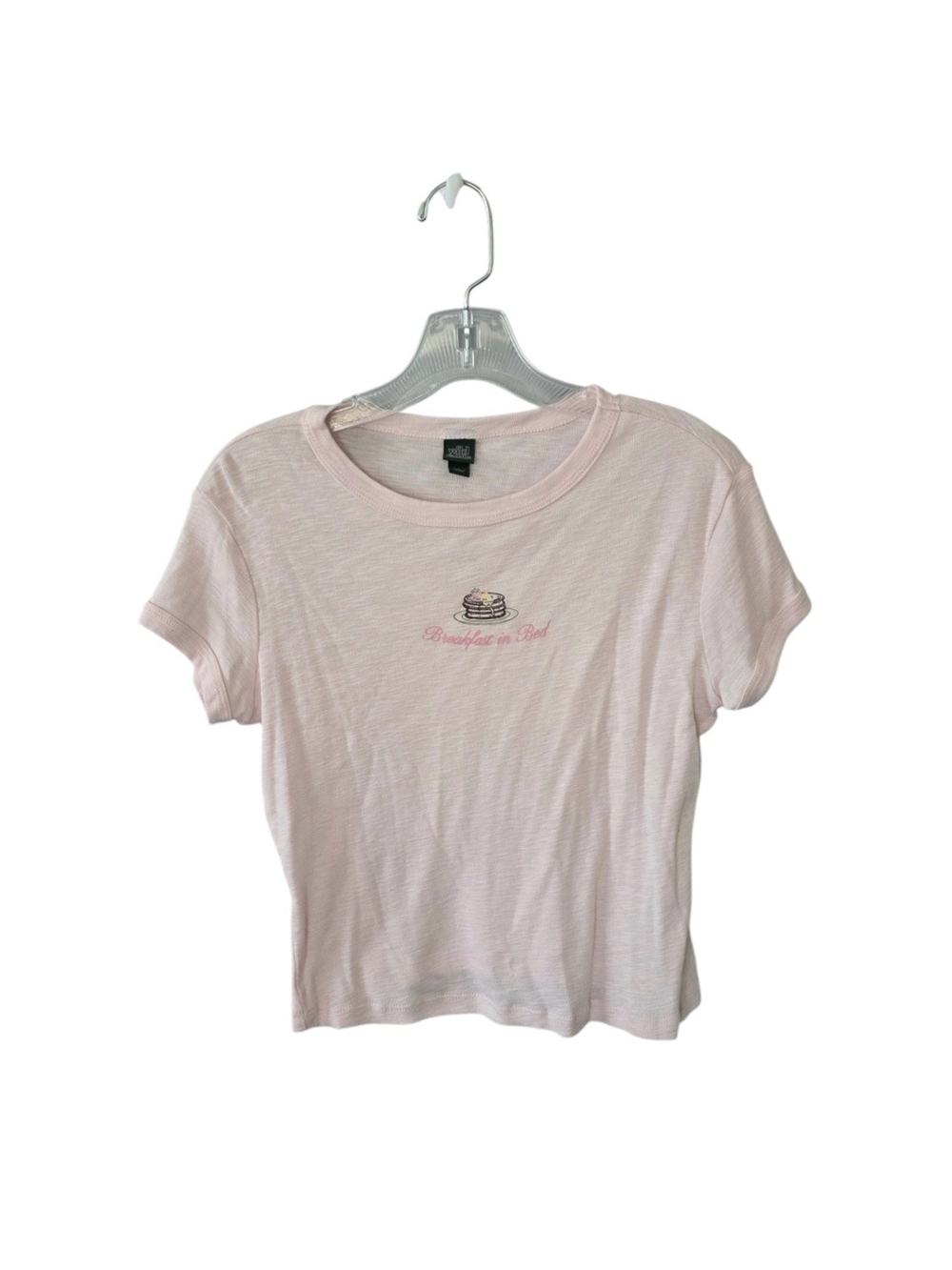 Woman's Wild Fable "Breakfast in Bed" Light Pink Baby T Shirt Size L